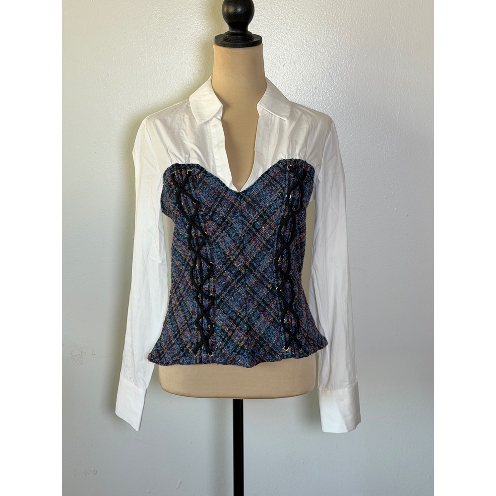 VENUS Corset Tweed Poplin Shirt White Blue Lace-Up Y2K Academia Size 8 coquette